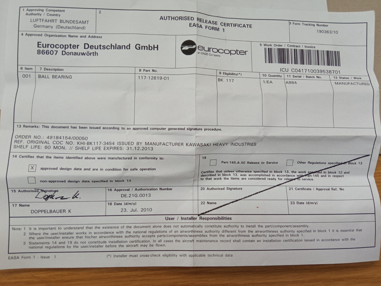 BALL BEARING PN 117-12619-01 Eurocopter{{Product SKU}}  Aviacharter